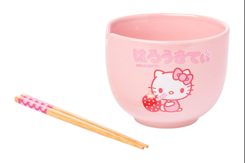 Hello Kitty Ceramic Ramen Bowl and Chopstick Set (Strawberry Milk)