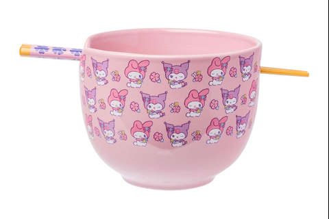 My Melody & Kuromi Ceramic Ramen Bowl and Chopstick Set (Pastel Flowers)